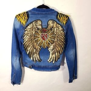 Denimland Denim Blue Jean Jacket Small S‎ with Spikes Angel Wings Bling Beads
